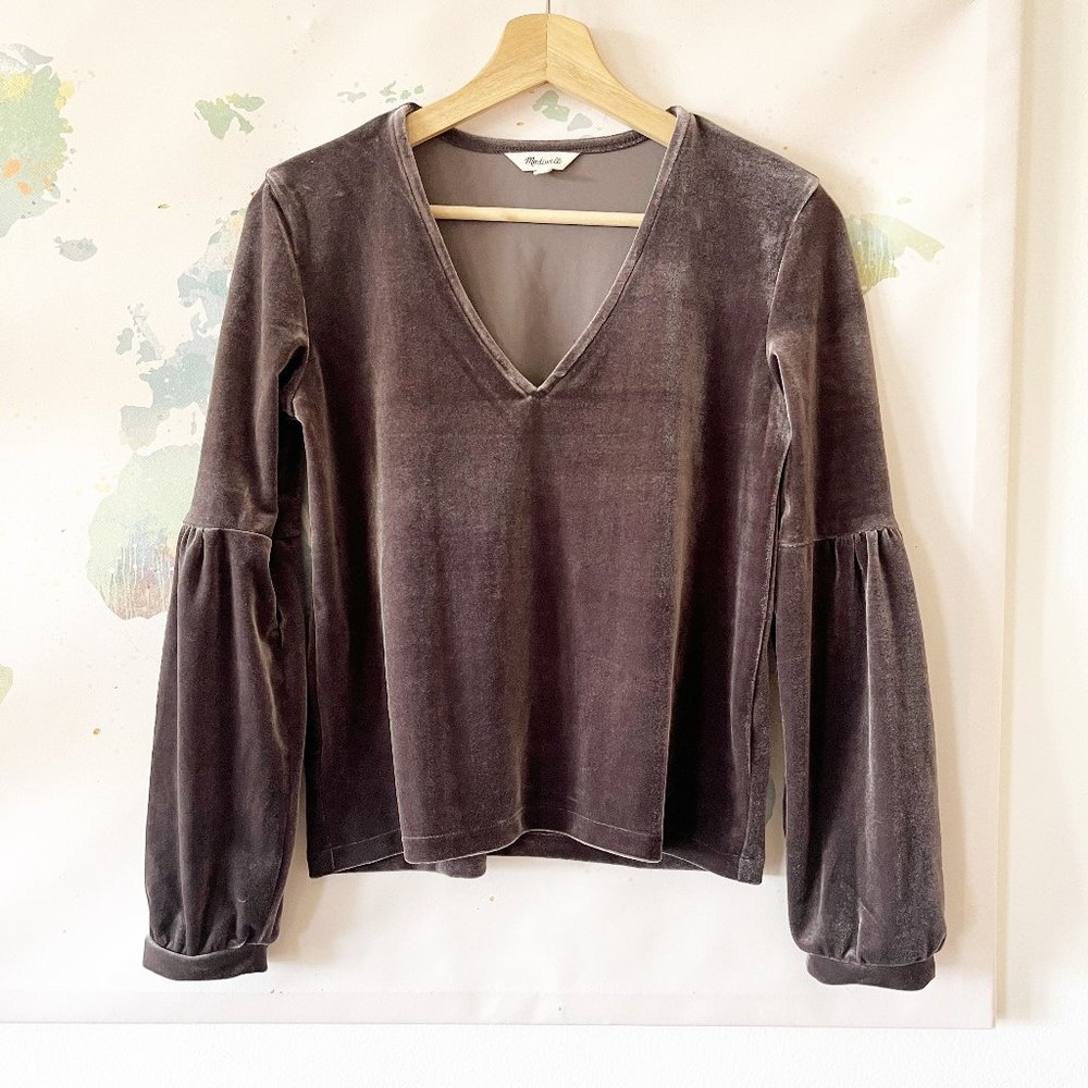 Madewell Top Size XXS Gray Velvet Bubble Sleeve V-Neck Stretch Blouse Long Slv